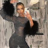 Women's Mini Dress Rhinestone Mesh Feather Cuff - Party Wear