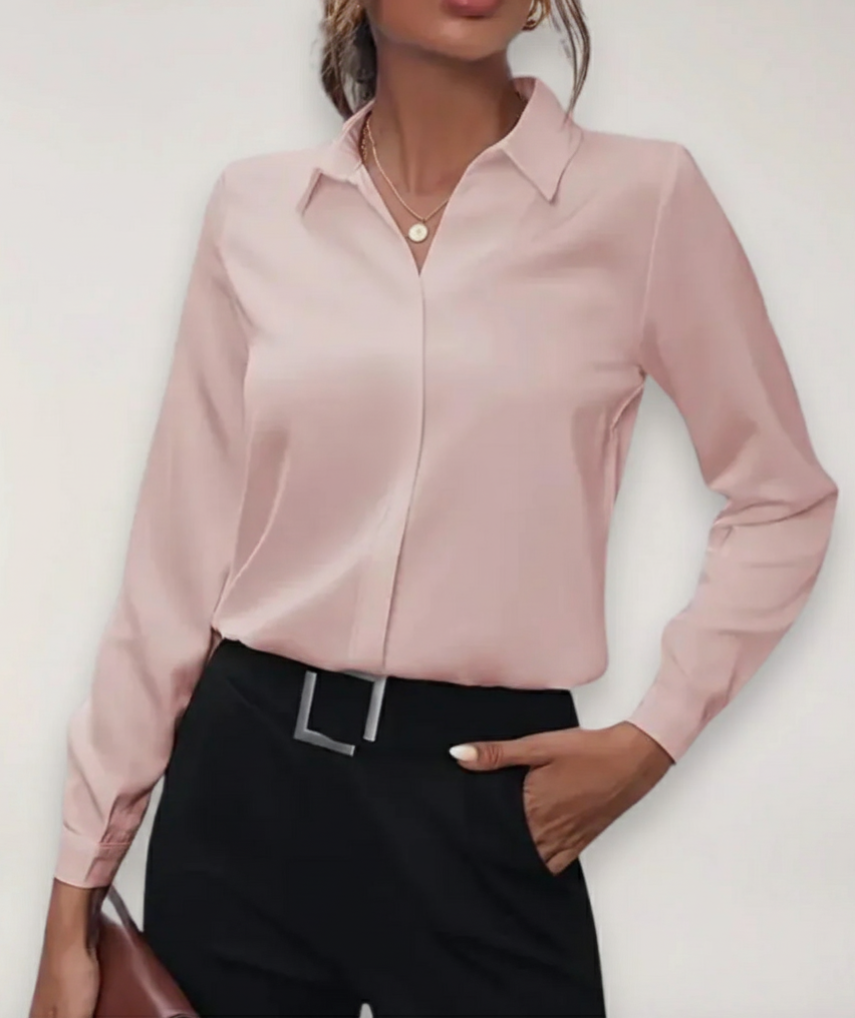 Women's Button-Up Blouse Long Sleeve Silk-Feel - Professional Office Wear