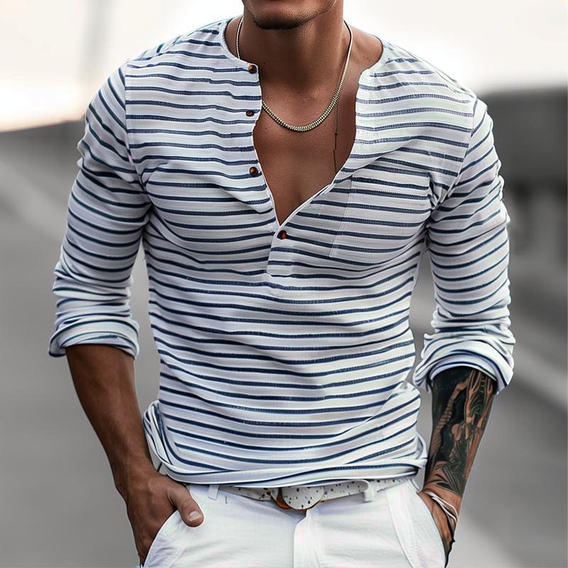 Men's Henley Shirt Striped Long Sleeve - Casual Wear