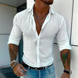 Men's Button Down Shirt Vertical Ribbed Slim Fit - Vacation Wear
