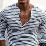 Men's Henley Shirt Striped Long Sleeve - Casual Wear