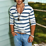 Men's Long Sleeve T-Shirt Striped Henley Neck - Casual Wear