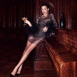 Women's Mini Dress Rhinestone Mesh Feather Cuff - Party Wear