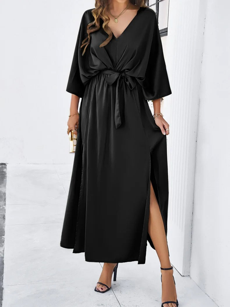 Women's V-Neck Spring Dress Isabella Side Slit - Semi-Formal