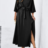 Women's V-Neck Spring Dress Isabella Side Slit - Semi-Formal