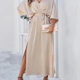 Women's V-Neck Spring Dress Isabella Side Slit - Semi-Formal
