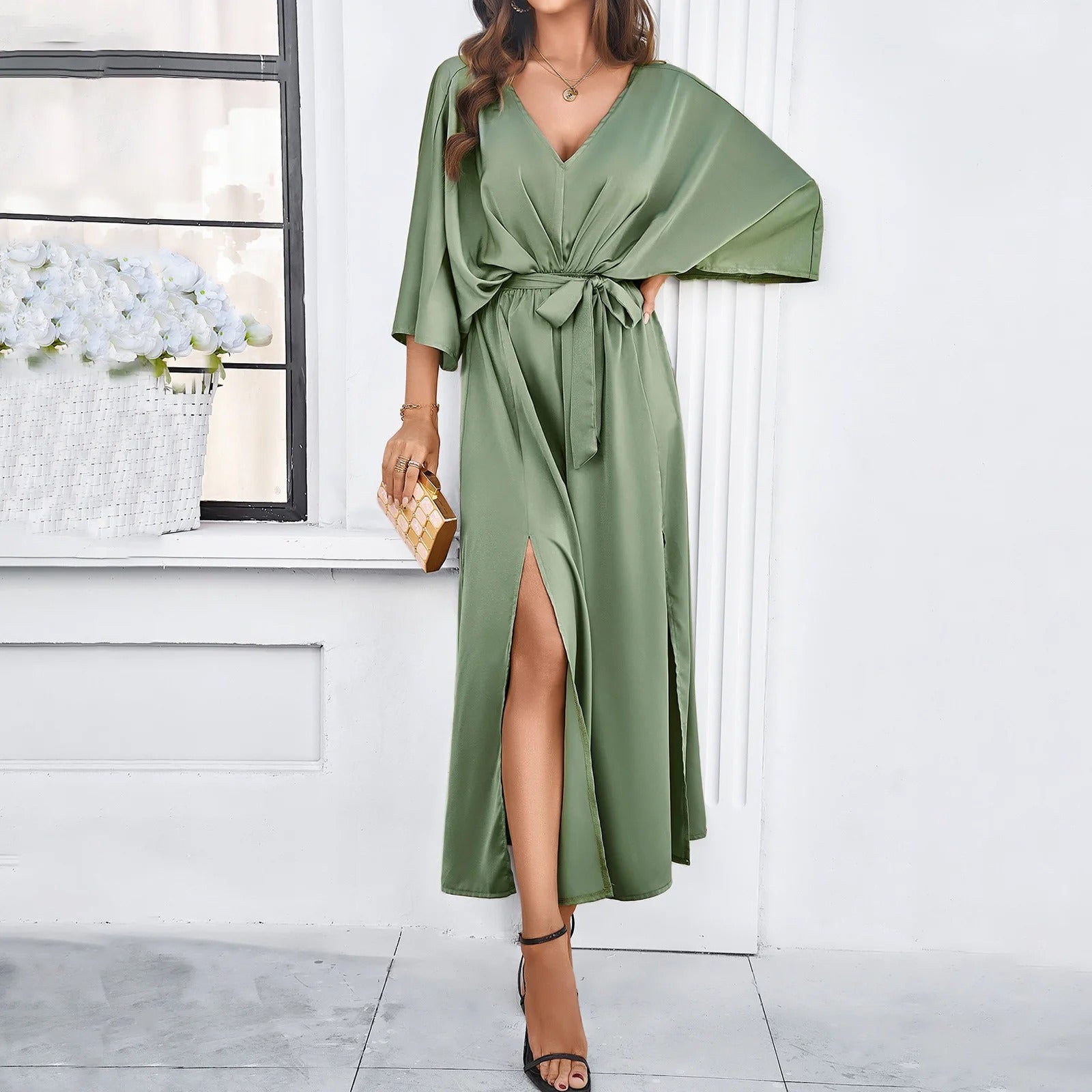 Women's V-Neck Spring Dress Isabella Side Slit - Semi-Formal