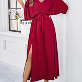 Women's V-Neck Spring Dress Isabella Side Slit - Semi-Formal