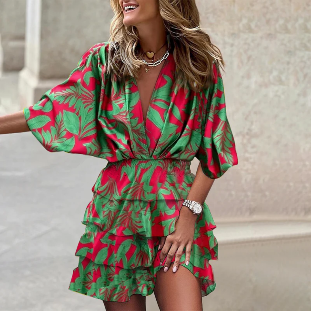 Women's Mini Dress Leaf Print Tiered Skirt - Tropical Vacation