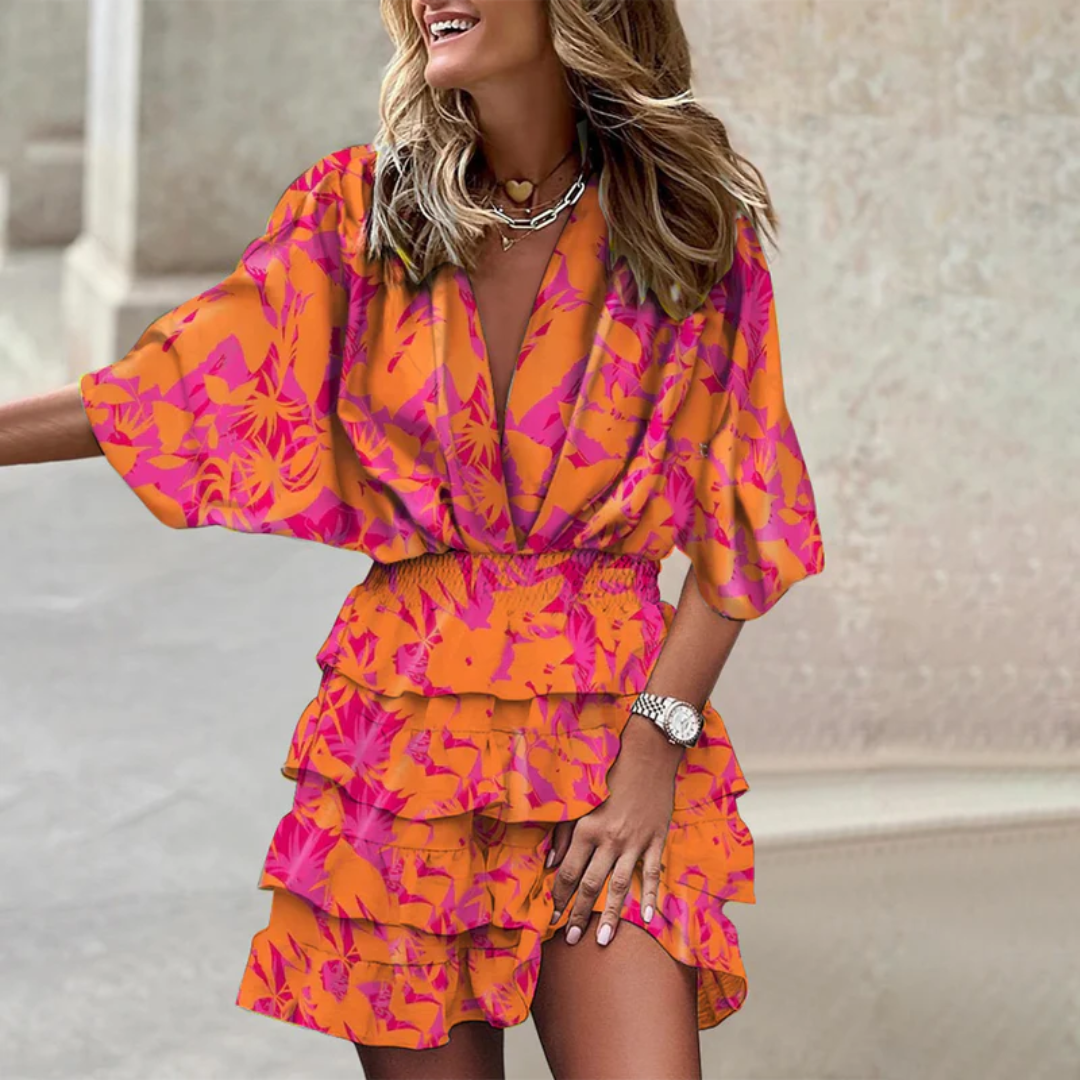 Women's Mini Dress Leaf Print Tiered Skirt - Tropical Vacation