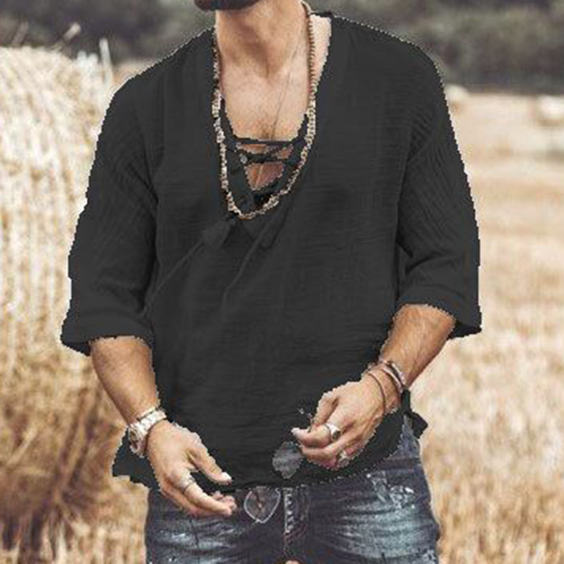 Men's Lace Up V Neck Shirt Relaxed Fit Solid Color - Casual Wear